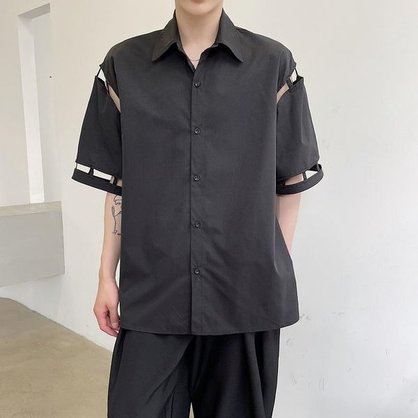 

men's casual shirts summer loose vintage hollow short sleeve korean harajuku streetwear black for man, White;black