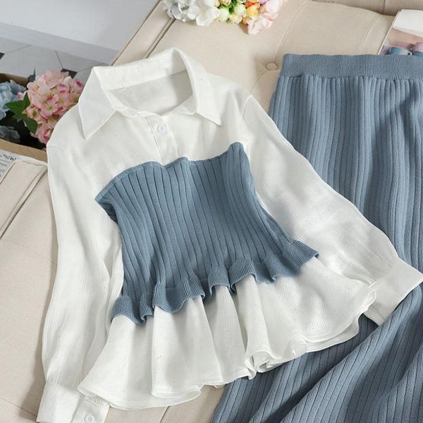 

knitted two piece suit womens shirt skirt base sweater suit 2021 slim skirt, Gray