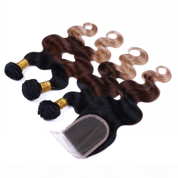 

1b 4 27 honey blonde ombre peruvian hair with closure body wave black brown honey blonde 3tone ombre 3bundles with 4x4 lace closure
