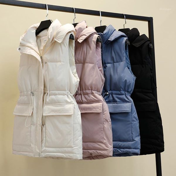 

women's vests women 2021 fashion slim waist cotton pocket padded waistcoat vintage sleeveless female outerwear streetwear, Black;white