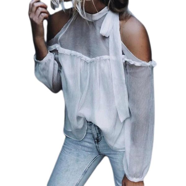 

women's blouses & shirts autumn chiffon women long sleeve solid cold shoulder blouse ladies fashion casual straps blusas, White