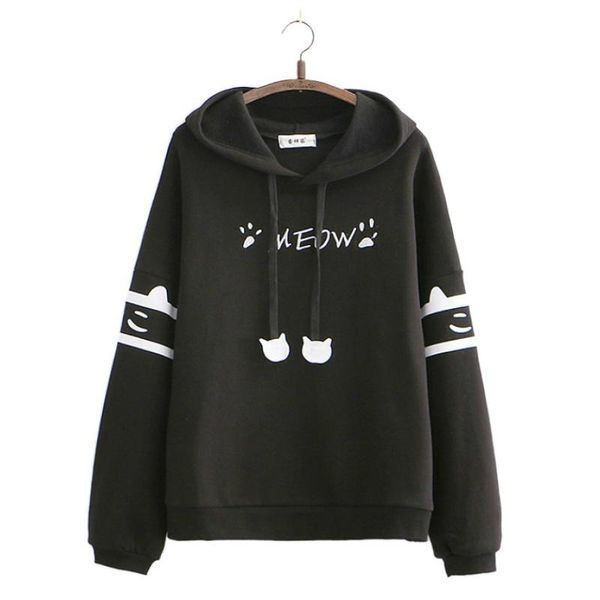 

women's hoodies & sweatshirts harajuku letter print fleece casual women 2021 winter full sleeve hooded sweet styl korean ladies pullove, Black