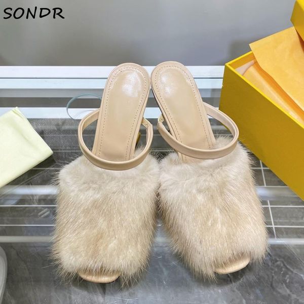 

sandals women's high heels wool fur slippers genuine leather 8cm metal strange heel mules fashion designer runway shoes 2021, Black