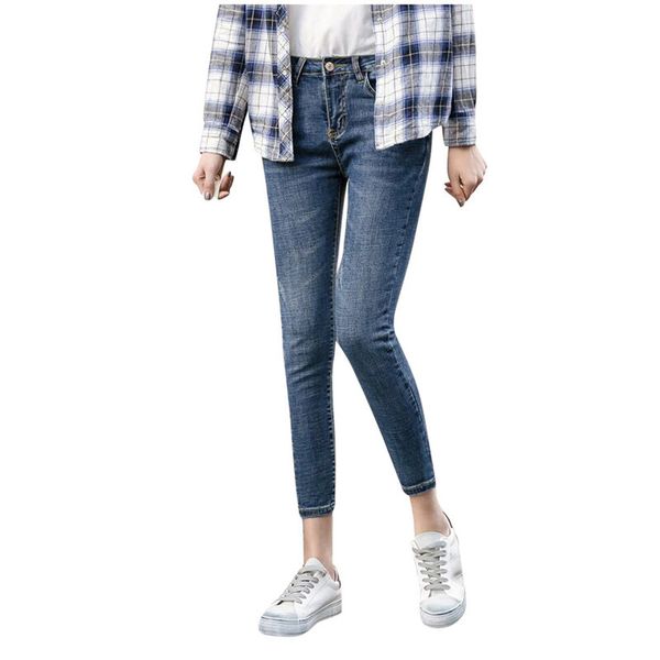 

high waist button small feet potatoes women denim jeans casual stretch slim length streetwear women's broek yl5, Blue