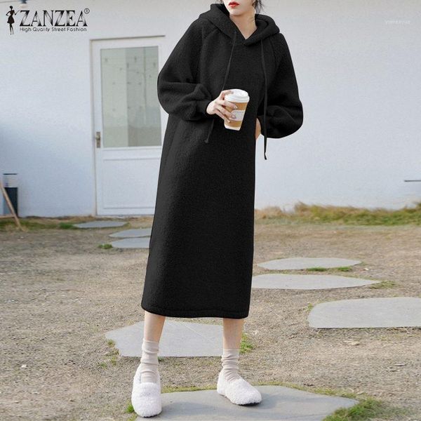

casual dresses women winter plush fluffy dress autumn hoodies sweatshirt zanzea fashion long sleeve hooded vestidos fleece pullover robe, Black;gray