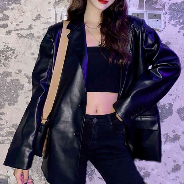 

women's leather & faux casual leather club female jacket loosens vintage long sleeve outerwear fashion coat streetwear korean chic pusp, Black