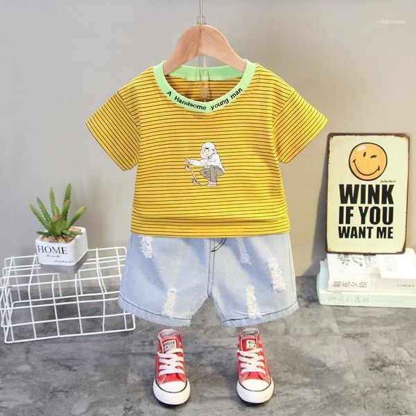 

clothing sets toddler boy summer clothes baby girls short sleeved striped t-shirt+denim shorts pant kids outfits casual set1, White