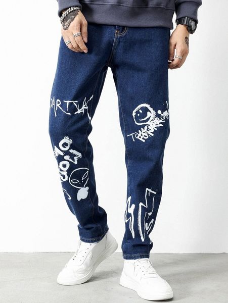 

men alien & letter ripped jeans e6iy#, Blue