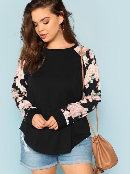 

plus size t-shirt spring autumn womens floral print raglan sleeve tee long casual blouse shirt women clothing, Black