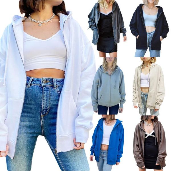 

women's jackets y2k autumn hoodie sweatshirt oversized long sleeve solid casual coat 90s vintage zip jacket tracksuit, Black;brown