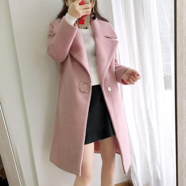 

women's wool & blends winter women warm coat lady turn-down collar long female casual pink white plus size outwear blend jacket loose, Black