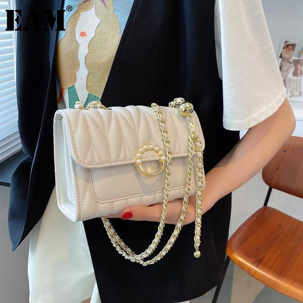 

evening bags [eam] women metal chains pearls square pu leather personality all-match crossbody shoulder bag fashion tide 2021 18a3672