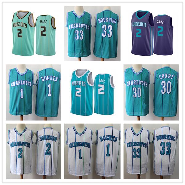 

men's lamelo 2 ball charlotte hayward hornets vintage muggsy 1 bogues larry 2 johnson 30 curry alonzo 33 mourning basketball je, Black;red