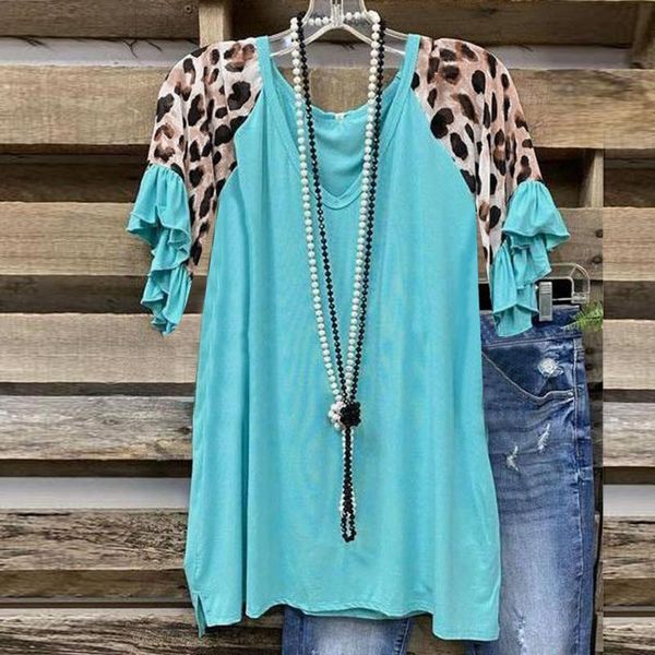 

women's t-shirt 2021 animal printed women cotton t shirts leopard patchwork o neck ruffle sleeve kawaii ladies plus size loose woman, White