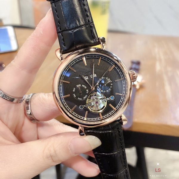 

2021 new luxury men's watch five needle big wheel mechanical calendar watch designer watches brand leather strap, Slivery;brown