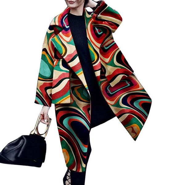

women's wool & blends winter lapel printed long coat sleeve warm jacket, Black