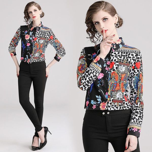 

new arrival ladies' casual summer fall sleeve 2021 barqoue floral print collar button chic office front long spring runway shirt b fci, Black