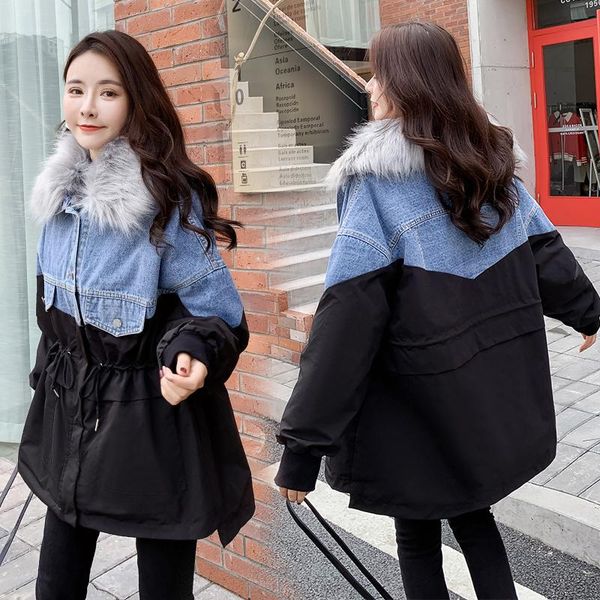 

2021 winter new warm parkas coat women thick stitching denim wild ladies parkas coat cotton fashion women clothing, Black