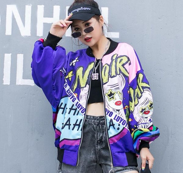 

fashion cartoon sequin print baseball jacket fall 2021 new hip hop street style zipper long sleeve for women scs0, Black;brown