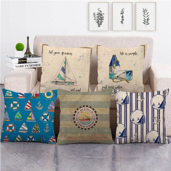 

45cm*45cm cartoon sailing ship rudder lighthouse linen/cotton throw pillow covers couch cushion cover home decor pillowcase