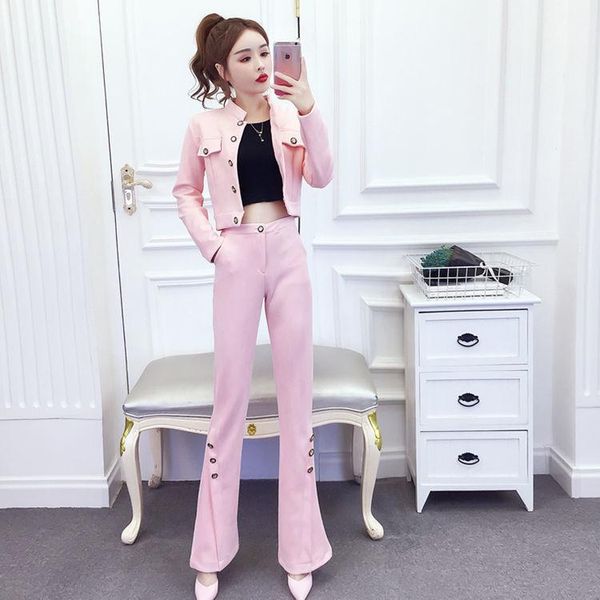 

women's two piece pants women 2021 spring autumn suede suits female pant ladies single-breasted short jacket and high waist flare trous, White