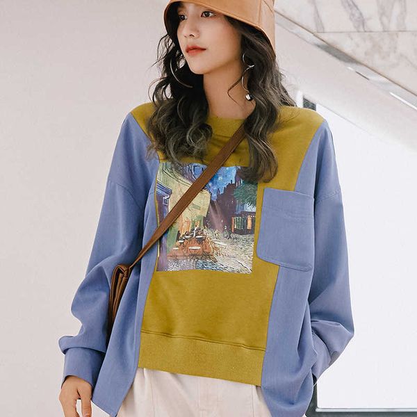 

fashion fleece hoodies 2021 spring women's round neck pullover sweater autumn winter korean loose print top, Black