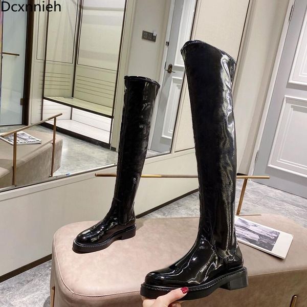 

boots slim elastic ann leather over the knee women thick bottom long black flat motorcycle thigh high for
