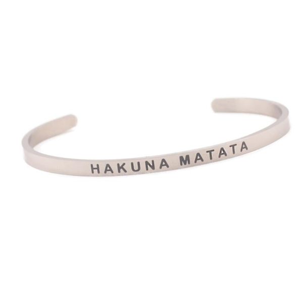 

bangle hakuna matata e f g h 4mm dropship stainless steel positive inspirational quote hand cuff mantra bracelets for men women, Black