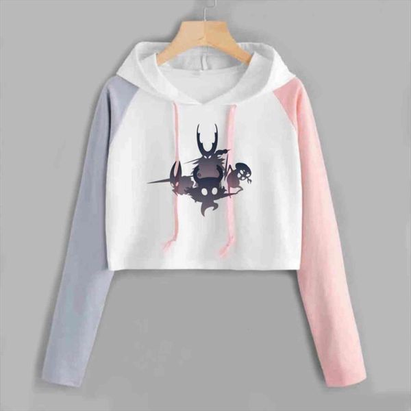 

hollow knight crop women sweatshirts long sleeve spring autumn harajuku loose pink female ladies clothes poleron mujer cropped, Black