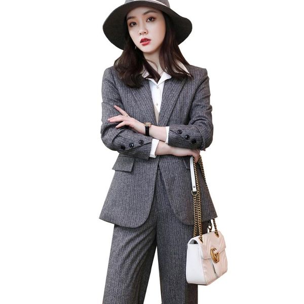 

women's two piece pants women winter thick pant suit formal work 2 set gray brown office ladies female business blazer and trou, White