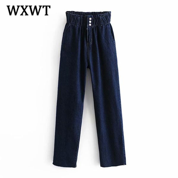 

women's jeans wxwt vintage women denim cotton fashion loose pants female zipper buttons elastic waist trousers jean femme, Blue
