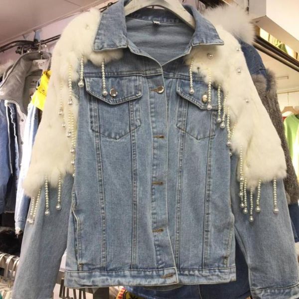 

women's jackets 2021 fashion heavy industry beaded pendant tasseled rex fur real hair denim jacket, Black;brown