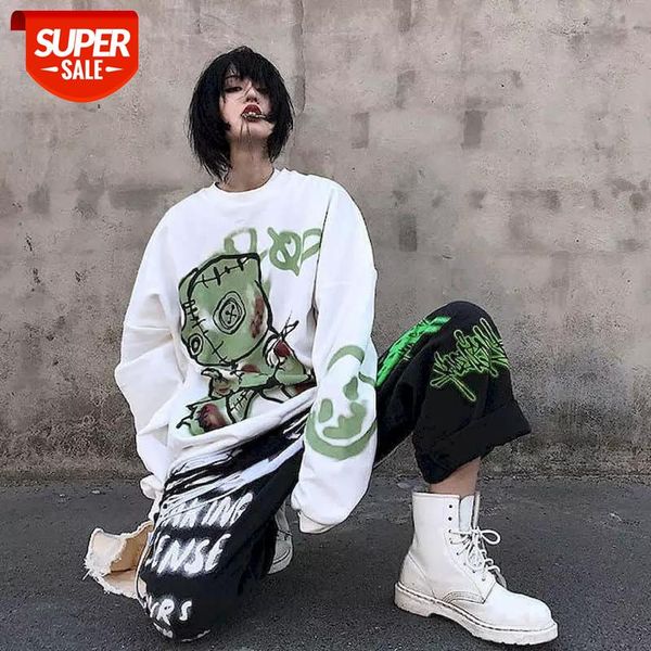 

punk two piece set women Cartoon bear sweater + personality graffiti straight casual pants female student spring and autumn suit #e777, White