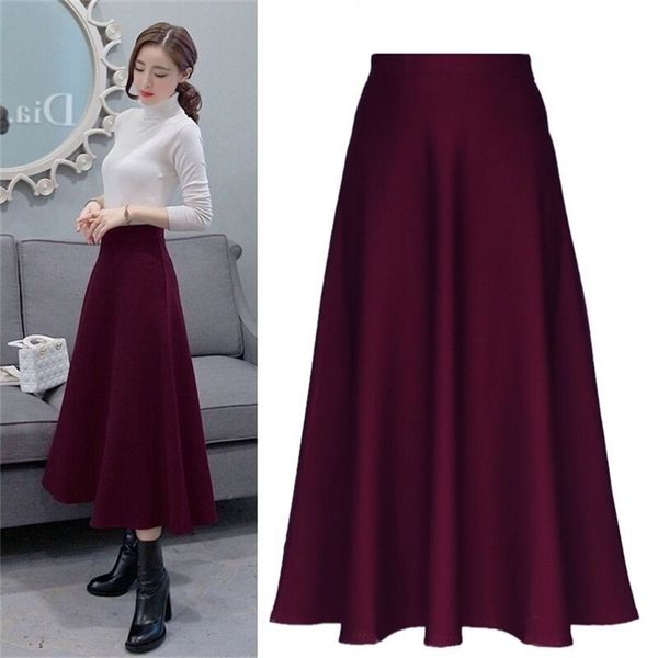 Hodisytian Ins Mode Frauen Röcke A-line Lange Maxi Casual Solide Hohe Elastische Taille Vintage Femme Stilvolle Saia Plus Größe 210621