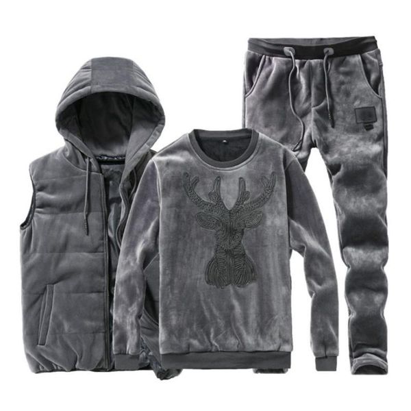 

2021 gold velvet suit men's autumn and winter new plus velvet sweatershirts youth leisure three-piece suit clothes, Gray