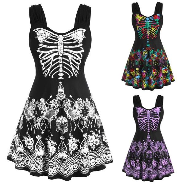 

fashion womens butterfly skull dress floral halloween plus size tank dress woman clothes mujer festive party vestido #t2g, Black;gray