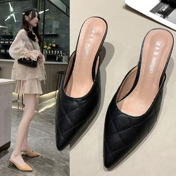 

female shoes med thin heels ladies' slippers heeled mules cover toe 2021 high soft pointed spring rome rubber slides pu mules fo, Black
