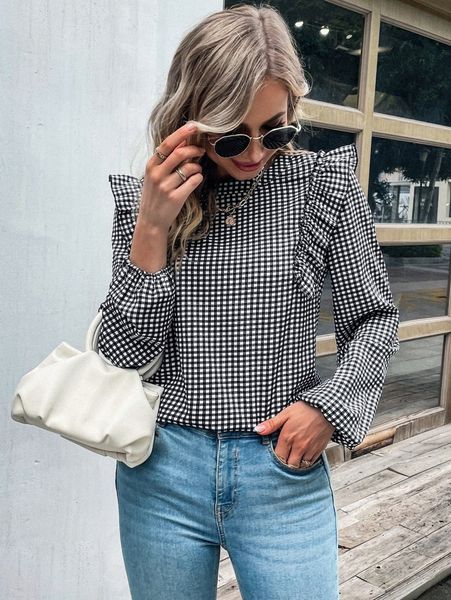 

gingham print ruffle trim lantern sleeve blouse y3fp#, White