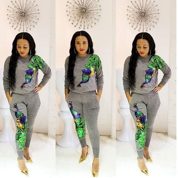 

peacock sequins long-sleeved o-neck stretch pullover shirt slim trousers 2 pieces new monochrome gray
