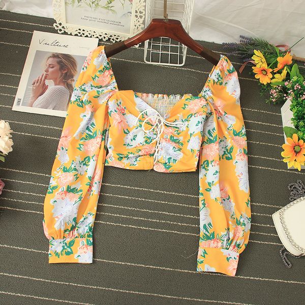 

2021 boho chic summer women drawstring printed short bohemian square collar lace-up female blouse fashion blusas c7vm, White