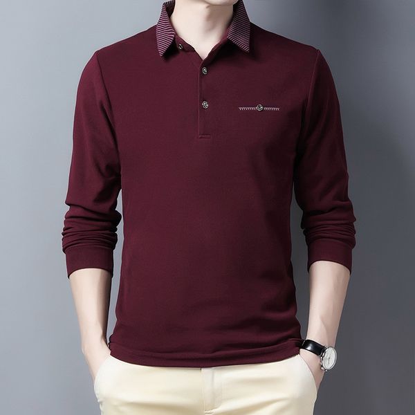 

ymwmhu wine red polo shirt for men long sleeve autumn and spring collared shirt solid casual polo shirt korean fashion clothing 210308, White;black