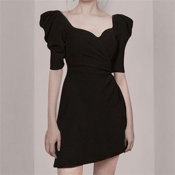 

women high slit dress vintage solid a line es short sleeve square neck casual midi party summer 210603, Black;gray