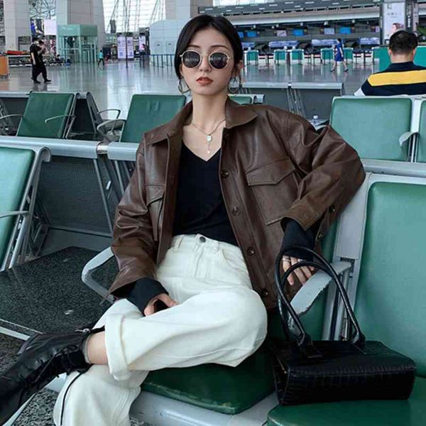 

short pu leather zipper women's leather women's short 2021 autumn and winter new trendy motorcycle foreign style et, Black;brown