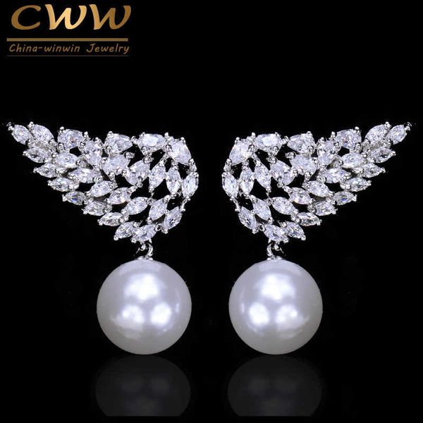 Moda Donna Accessori per gioielli Colore argento Piuma Ala CZ Zirconia Pietre Perla Orecchini pendenti per le donne CZ044 210714