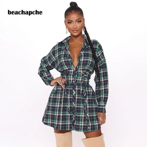 

casual dresses beachapche 2021 spring dress women classic plaid vintage lady bow lace up slim notched, Black;gray