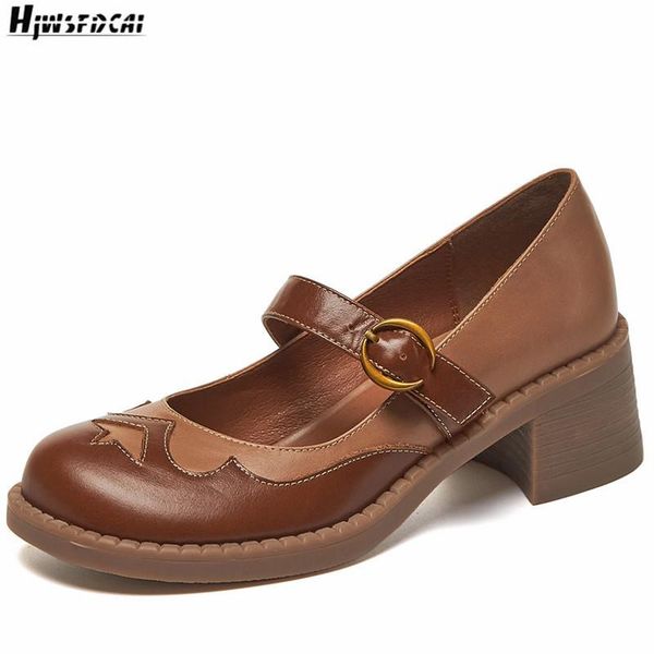 

hjwsfdcai retro women buckle strap shoes chunky heel round toe female cowhide leather single shoes temperament mujer chaussures, Black