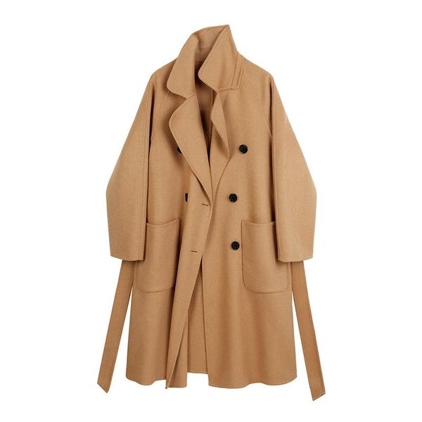 

2021korean version of the new double-sided woolen long coat women's winter loose belt double-breasted cocoon woolen coat fashion, Black