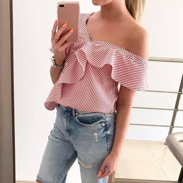 

zebery striped angled ruffle sleeve summer chiffon shirt woman striped buttons decorative casual for women, White