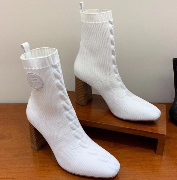 

new spring and autumn stovepipe women's boots knitted elastic half section flying socks shoes high thick heel square toe fashion trend, Black
