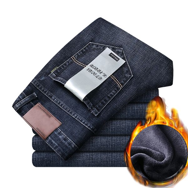

2021 fleece warm men's new straight winter classic business casual thickening elastic brand pants blue black jeans pfz2